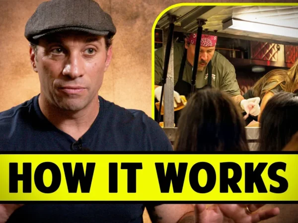 Man in a cap talks with an inset showing two people working in a food truck. Text reads "How It Works.