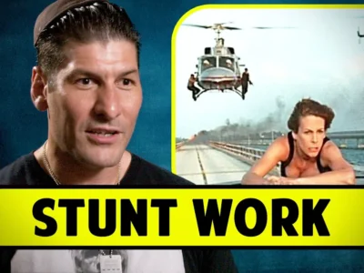 Man speaking with an image of a stunt scene involving helicopters in the background. Text reads "Stunt Work".