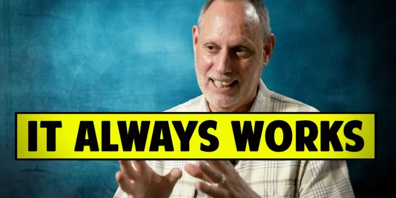 A man smiling and gesturing with his hands is partially obscured by a bold, yellow text that reads, "IT ALWAYS WORKS." The background is a blue gradient.