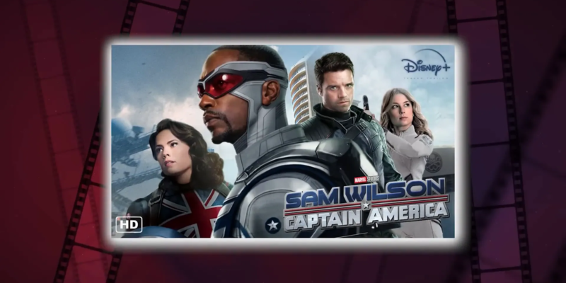 Promotional image for "Sam Wilson: Captain America" on Disney+, featuring four characters in superhero costumes.