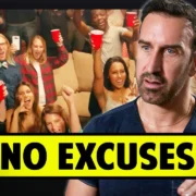 A person speaks in front of a background featuring a lively group of people holding red cups, with a bold yellow banner reading "No Excuses.