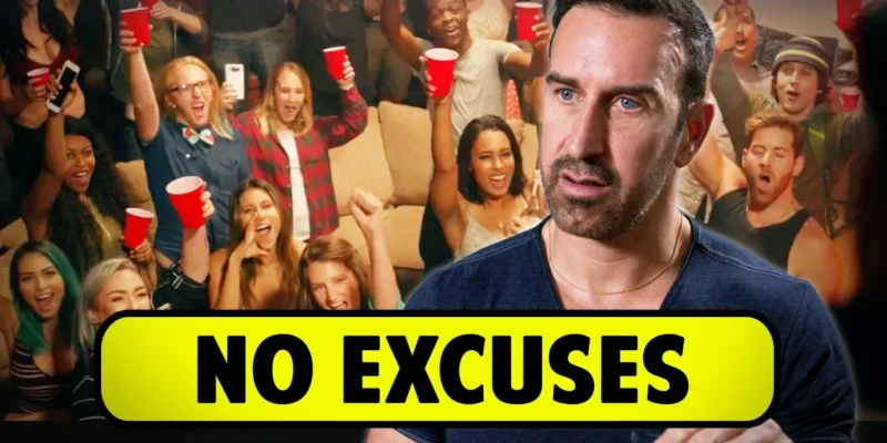 A person speaks in front of a background featuring a lively group of people holding red cups, with a bold yellow banner reading "No Excuses.