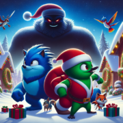 Two animated characters, a green bird in a Santa outfit and a blue wolf, stand ready in a snowy village with colorful lights. Behind them looms a large, shadowy figure. Cute animals and wrapped gifts surround them, while birds hover above, adding to the festive scene.