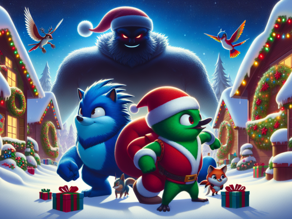 Two animated characters, a green bird in a Santa outfit and a blue wolf, stand ready in a snowy village with colorful lights. Behind them looms a large, shadowy figure. Cute animals and wrapped gifts surround them, while birds hover above, adding to the festive scene.