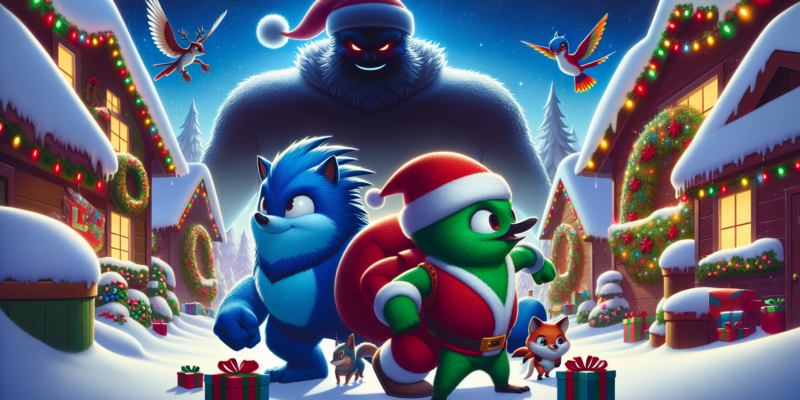 Two animated characters, a green bird in a Santa outfit and a blue wolf, stand ready in a snowy village with colorful lights. Behind them looms a large, shadowy figure. Cute animals and wrapped gifts surround them, while birds hover above, adding to the festive scene.