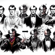 A sequence of nine illustrations of a man in a tuxedo morphing into a villainous character. The top row shows the gradual transformation with half the face becoming distorted. Arrows in the middle connect to the final image below, depicting the complete sinister transformation with vivid details.