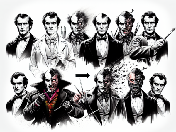 A sequence of nine illustrations of a man in a tuxedo morphing into a villainous character. The top row shows the gradual transformation with half the face becoming distorted. Arrows in the middle connect to the final image below, depicting the complete sinister transformation with vivid details.