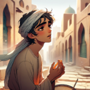 A young person with dark hair and expressive eyes looks upward. They wear a flowing white garment and a headscarf. The background features a sunlit, narrow street with worn steps and ornate doors, suggesting a Middle Eastern setting. The scene conveys a sense of longing or contemplation.