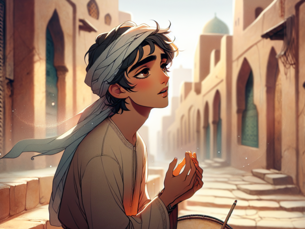 A young person with dark hair and expressive eyes looks upward. They wear a flowing white garment and a headscarf. The background features a sunlit, narrow street with worn steps and ornate doors, suggesting a Middle Eastern setting. The scene conveys a sense of longing or contemplation.