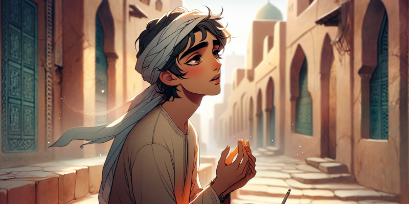 A young person with dark hair and expressive eyes looks upward. They wear a flowing white garment and a headscarf. The background features a sunlit, narrow street with worn steps and ornate doors, suggesting a Middle Eastern setting. The scene conveys a sense of longing or contemplation.