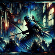 A stylized, shadowy archer in a hat and cloak, holding a bow and arrow, stands in an urban alley. The scene is bathed in blue and red hues with glowing windows, while dark, faceless figures with red eyes converge towards the archer. The artwork is framed with ornate borders.