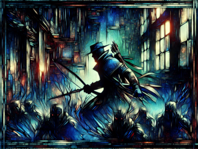 A stylized, shadowy archer in a hat and cloak, holding a bow and arrow, stands in an urban alley. The scene is bathed in blue and red hues with glowing windows, while dark, faceless figures with red eyes converge towards the archer. The artwork is framed with ornate borders.