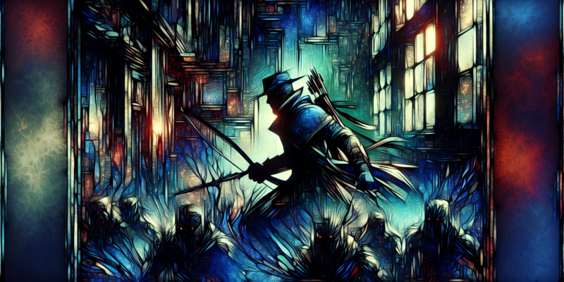 A stylized, shadowy archer in a hat and cloak, holding a bow and arrow, stands in an urban alley. The scene is bathed in blue and red hues with glowing windows, while dark, faceless figures with red eyes converge towards the archer. The artwork is framed with ornate borders.