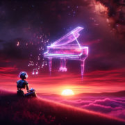 A small robot sits on a grassy hill at sunset, observing a glowing, translucent piano emitting musical notes in the sky. The background features a vibrant, starry galaxy with clouds blanketing the horizon, creating a dreamlike atmosphere.