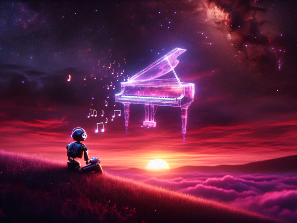 A small robot sits on a grassy hill at sunset, observing a glowing, translucent piano emitting musical notes in the sky. The background features a vibrant, starry galaxy with clouds blanketing the horizon, creating a dreamlike atmosphere.