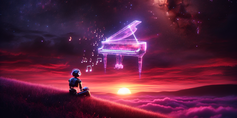 A small robot sits on a grassy hill at sunset, observing a glowing, translucent piano emitting musical notes in the sky. The background features a vibrant, starry galaxy with clouds blanketing the horizon, creating a dreamlike atmosphere.