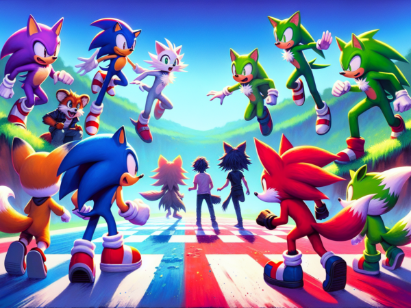 A vibrant scene with multiple colorful, anthropomorphic animals standing opposite each other on a racetrack. They are poised for action against a lush, green landscape with blue sky. Each has unique colors and features, including foxes and hedgehogs in various poses, capturing a dynamic moment.