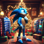 A blue cartoon hedgehog stands in a cozy, festive room adorned with Christmas lights and a decorated tree. The room features racks of colorful sweaters and neatly wrapped gifts. Warm lighting and holiday decor create a cheerful ambiance.