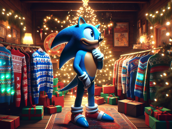 A blue cartoon hedgehog stands in a cozy, festive room adorned with Christmas lights and a decorated tree. The room features racks of colorful sweaters and neatly wrapped gifts. Warm lighting and holiday decor create a cheerful ambiance.