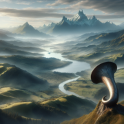 A vast landscape features a winding river through lush, green valleys. Majestic, snow-capped mountains rise in the background. In the foreground, a large, horn-shaped structure blends with the terrain under a soft, diffused sunlight, creating an otherworldly ambiance.