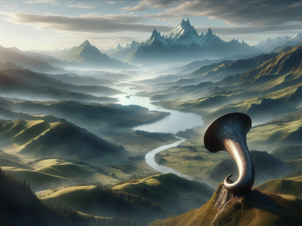 A vast landscape features a winding river through lush, green valleys. Majestic, snow-capped mountains rise in the background. In the foreground, a large, horn-shaped structure blends with the terrain under a soft, diffused sunlight, creating an otherworldly ambiance.