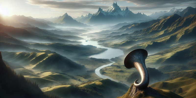 A vast landscape features a winding river through lush, green valleys. Majestic, snow-capped mountains rise in the background. In the foreground, a large, horn-shaped structure blends with the terrain under a soft, diffused sunlight, creating an otherworldly ambiance.