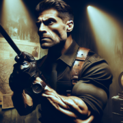 A muscular man stands in a dimly lit room, gripping a long-barreled gun. He wears a dark shirt and shoulder holsters. A map is on the wall behind him, and a vintage clock sits on a nearby chest of drawers. Two beams of light illuminate the scene.