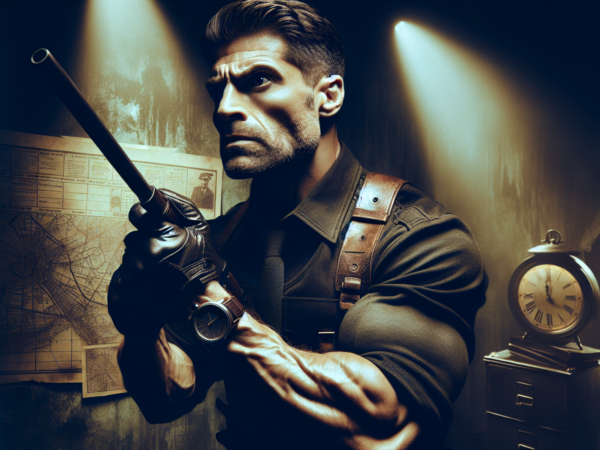 A muscular man stands in a dimly lit room, gripping a long-barreled gun. He wears a dark shirt and shoulder holsters. A map is on the wall behind him, and a vintage clock sits on a nearby chest of drawers. Two beams of light illuminate the scene.