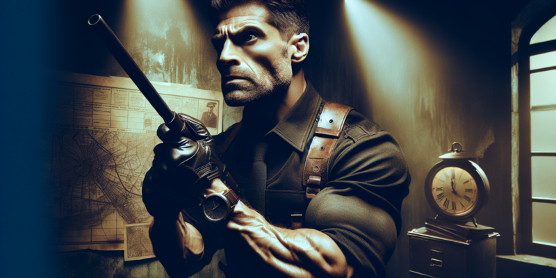 A muscular man stands in a dimly lit room, gripping a long-barreled gun. He wears a dark shirt and shoulder holsters. A map is on the wall behind him, and a vintage clock sits on a nearby chest of drawers. Two beams of light illuminate the scene.