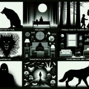 A collage of monochrome images explores themes of fear and transformation. Silhouettes depict a child and a wolf, a lonely figure by a window, a person facing a monstrous wolf, and a man transforming into a werewolf. Other panels show eerie landscapes and shadowy figures.