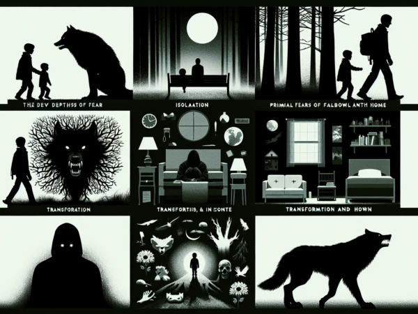 A collage of monochrome images explores themes of fear and transformation. Silhouettes depict a child and a wolf, a lonely figure by a window, a person facing a monstrous wolf, and a man transforming into a werewolf. Other panels show eerie landscapes and shadowy figures.