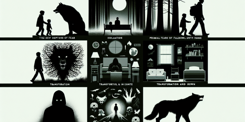 A collage of monochrome images explores themes of fear and transformation. Silhouettes depict a child and a wolf, a lonely figure by a window, a person facing a monstrous wolf, and a man transforming into a werewolf. Other panels show eerie landscapes and shadowy figures.