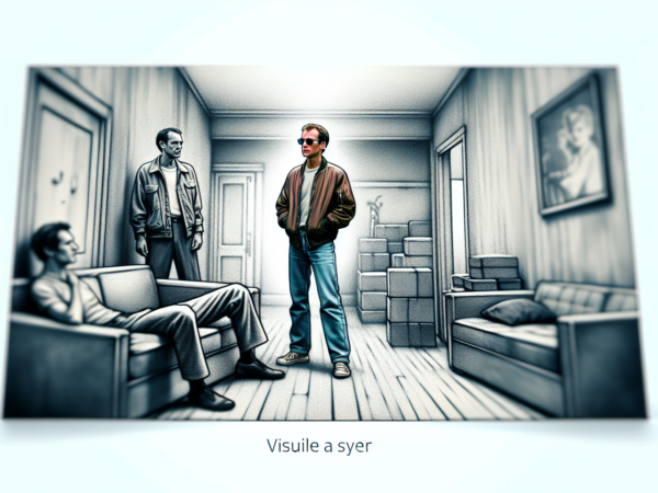 A stylized, monochrome room with three men. One stands in the center wearing sunglasses and a jacket; two others sit on couches. The room has boxes, a framed picture, wooden walls, and a soft light. Text below reads "Visuille a syer.