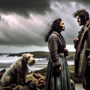 A man and woman gaze intently at each other on a windswept beach. The woman wears a long coat and skirt; the man has a rugged coat. A scruffy dog sits nearby on a pile of blankets. Dark clouds loom over the rough sea, creating an intense, dramatic atmosphere.