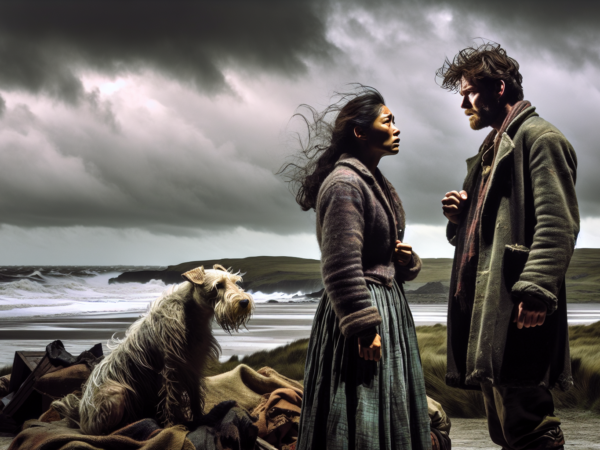 A man and woman gaze intently at each other on a windswept beach. The woman wears a long coat and skirt; the man has a rugged coat. A scruffy dog sits nearby on a pile of blankets. Dark clouds loom over the rough sea, creating an intense, dramatic atmosphere.