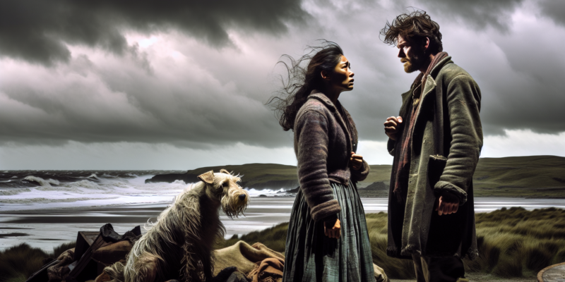 A man and woman gaze intently at each other on a windswept beach. The woman wears a long coat and skirt; the man has a rugged coat. A scruffy dog sits nearby on a pile of blankets. Dark clouds loom over the rough sea, creating an intense, dramatic atmosphere.