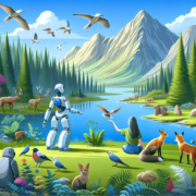 A futuristic scene with a robot and a woman observing nature by a lake. Surrounded by lush forests, mountains, and diverse wildlife, including deer, birds, foxes, and bears. The setting is colorful and serene, depicting harmony between technology and nature.