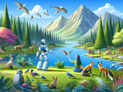 A futuristic scene with a robot and a woman observing nature by a lake. Surrounded by lush forests, mountains, and diverse wildlife, including deer, birds, foxes, and bears. The setting is colorful and serene, depicting harmony between technology and nature.