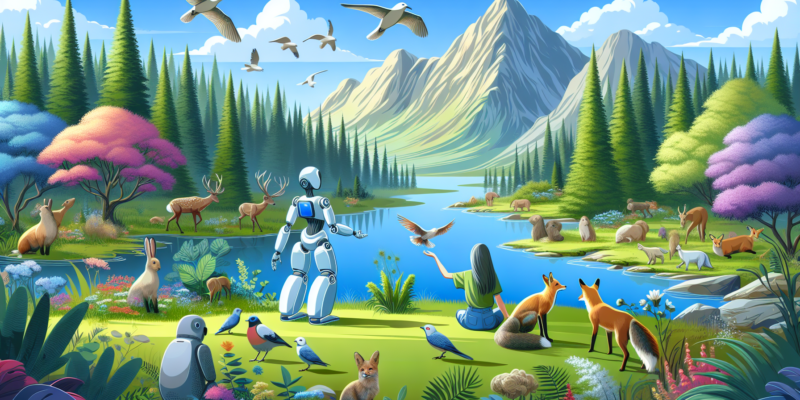 A futuristic scene with a robot and a woman observing nature by a lake. Surrounded by lush forests, mountains, and diverse wildlife, including deer, birds, foxes, and bears. The setting is colorful and serene, depicting harmony between technology and nature.