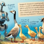 A whimsical illustration features a robot labeled "Brightbill" with a speech bubble in gibberish, alongside various birds, including geese and ducks. The background includes a grassy landscape. A block of humorous, nonsensical text is displayed, adding a playful tone.