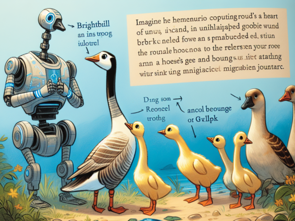 A whimsical illustration features a robot labeled "Brightbill" with a speech bubble in gibberish, alongside various birds, including geese and ducks. The background includes a grassy landscape. A block of humorous, nonsensical text is displayed, adding a playful tone.