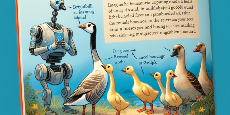 A whimsical illustration features a robot labeled "Brightbill" with a speech bubble in gibberish, alongside various birds, including geese and ducks. The background includes a grassy landscape. A block of humorous, nonsensical text is displayed, adding a playful tone.