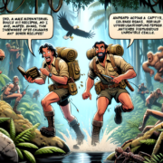 Two explorers in khaki attire, backpacks, and boots, stride through a dense jungle with a map and book. A T-Rex, snake, eagle, and frogs surround them. Comic-style speech bubbles contain cryptic text. The scene is vivid and adventurous, blending humor with classic exploration imagery.