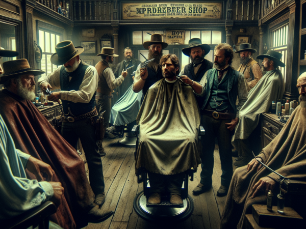 A vintage barbershop scene with a dozen men wearing 19th-century Western attire. The central figure is seated in a barber chair having a haircut. Others are waiting or engaged in various activities. The shop is filled with period-specific decor and barber tools.