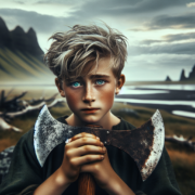 A young person with tousled blond hair and piercing blue eyes holds a large, rustic axe. The backdrop features a dramatic landscape with rugged mountains and a cloudy sky, alongside a grassy expanse and dark sandy beach, giving a sense of solitude and intensity.