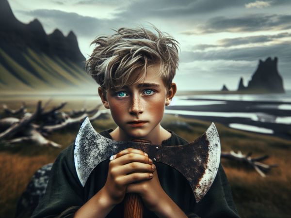 A young person with tousled blond hair and piercing blue eyes holds a large, rustic axe. The backdrop features a dramatic landscape with rugged mountains and a cloudy sky, alongside a grassy expanse and dark sandy beach, giving a sense of solitude and intensity.