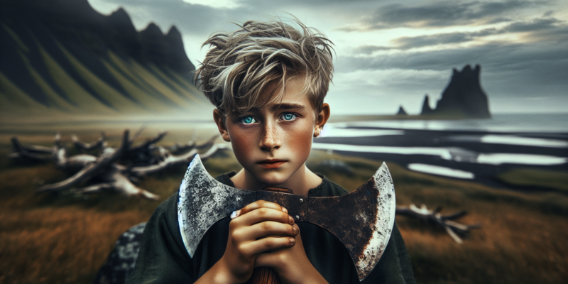 A young person with tousled blond hair and piercing blue eyes holds a large, rustic axe. The backdrop features a dramatic landscape with rugged mountains and a cloudy sky, alongside a grassy expanse and dark sandy beach, giving a sense of solitude and intensity.