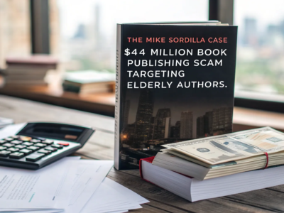 The image shows a book titled "The Mike Sordilla Case: $44 Million Book Publishing Scam Targeting Elderly Authors" on a wooden desk. Nearby are a stack of documents, a calculator, and bundles of cash. A large window in the background reveals a blurred cityscape.