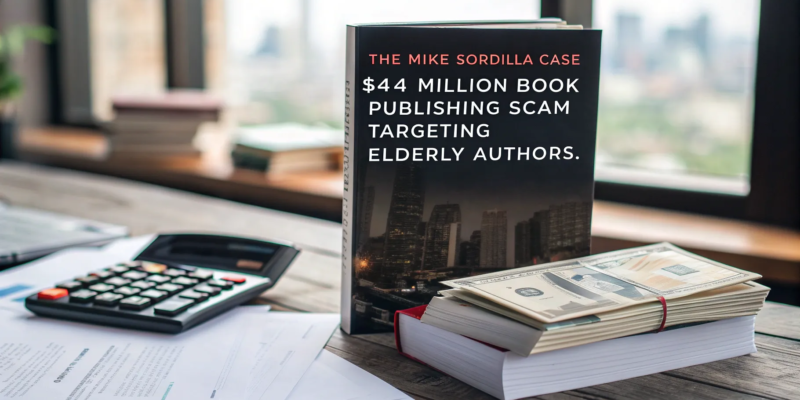 The image shows a book titled "The Mike Sordilla Case: $44 Million Book Publishing Scam Targeting Elderly Authors" on a wooden desk. Nearby are a stack of documents, a calculator, and bundles of cash. A large window in the background reveals a blurred cityscape.