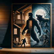 A framed artwork stands on a wooden floor, split between two scenes. The left shows a person entering a house, warmly lit and inviting. The right depicts a werewolf under a full moon, surrounded by humanoid creatures in a dark forest. Two lanterns illuminate the setting outside the image.